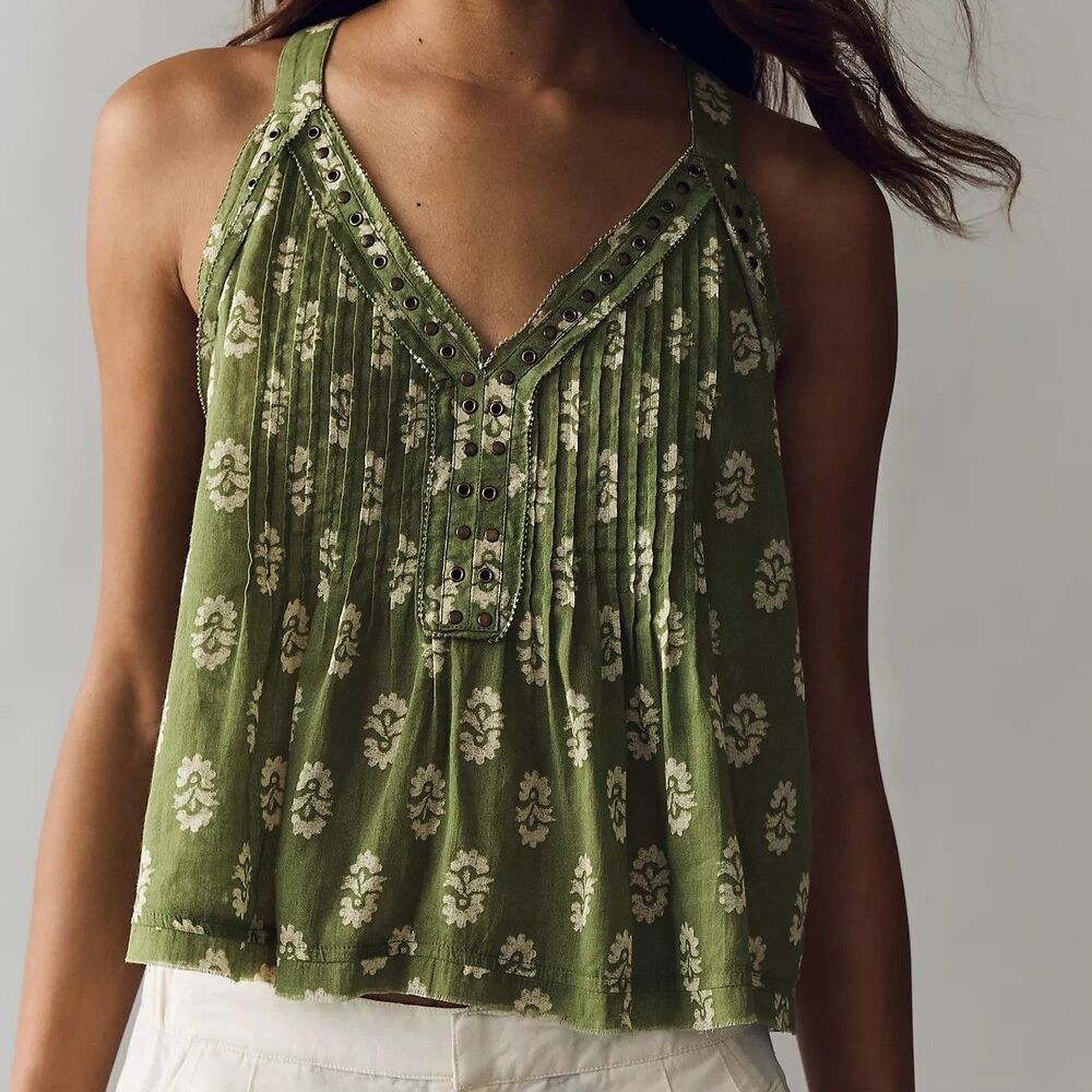 Anthropologie Trina Pintuck Studded Embellished Swing Blouse Tank Top L 291481